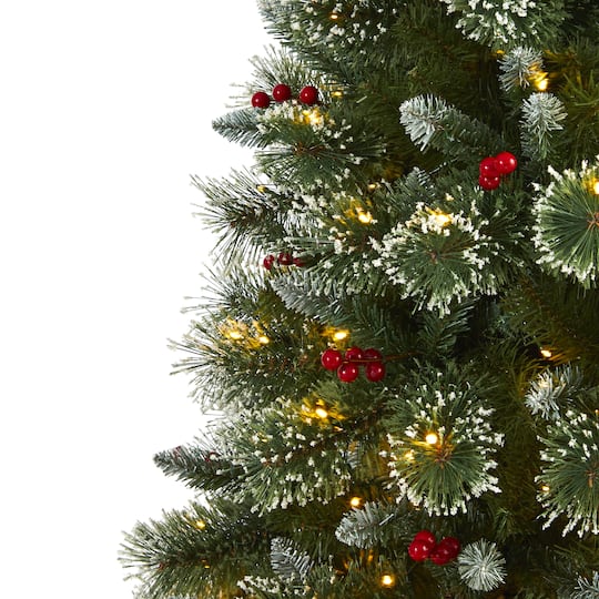 6ft. Pre-Lit Frosted Swiss Pine & Berries Artificial Christmas Tree with Clear LED Lights